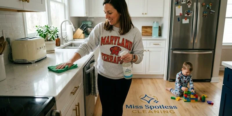 Family in Salisbury Maryland kitchen using eco friendly cleaning products safely around children