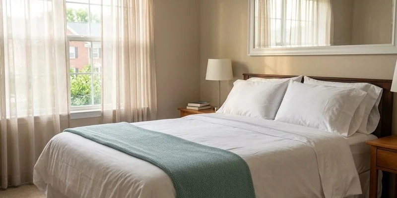 Neatly made bed in a clean Salisbury Maryland bedroom maintained between cleaning visits