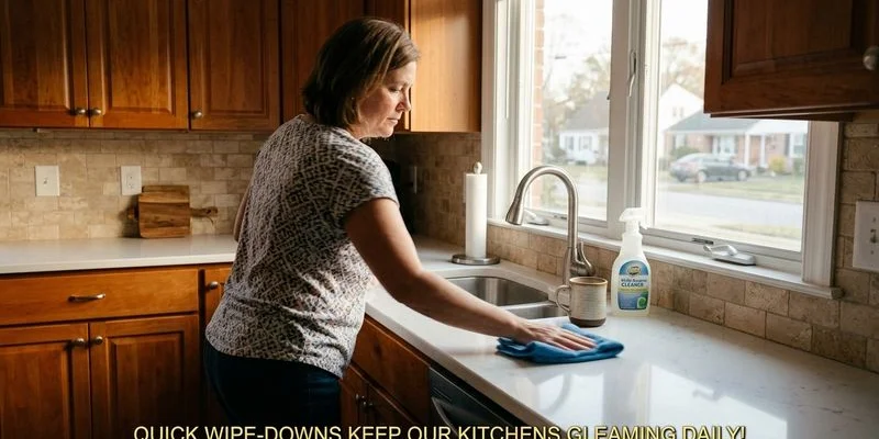 Salisbury homeowner wiping kitchen counter as part of daily cleaning routine