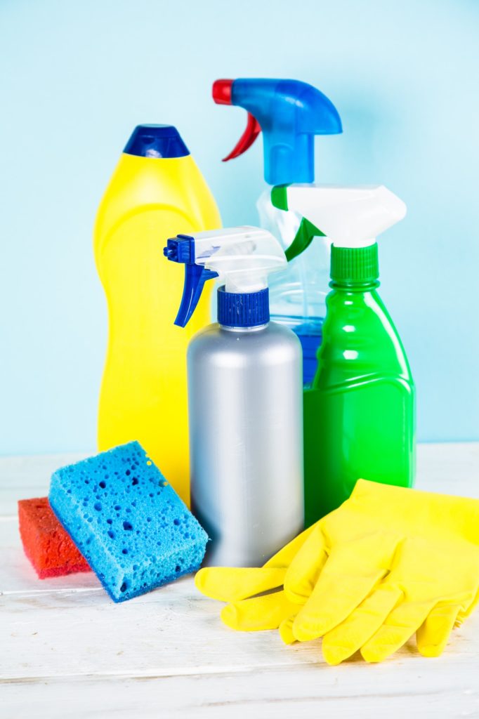 Cleaning product, household on blue background